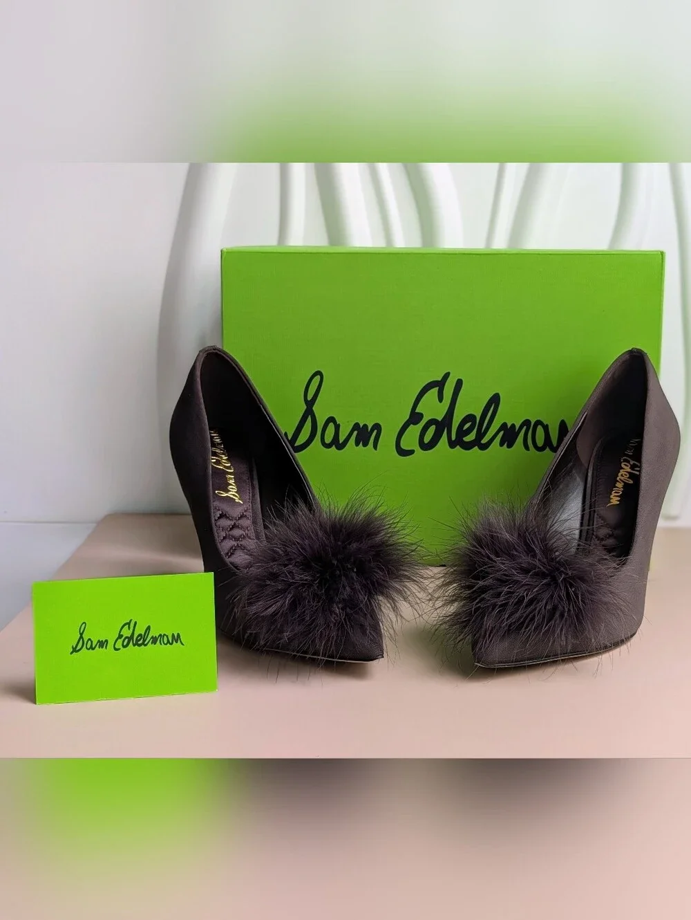 NWT Sam Edelman Hazel Feather Embellished Pumps Cocoa Satin Size 8 MSRP $165